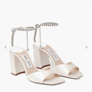 Jimmy Choo Ivory Satin Block Heels with Rhinestone Ankle Strap